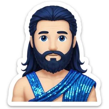 Neptune from Roman Deities with long black hair and beard, blue sequin toga sticker