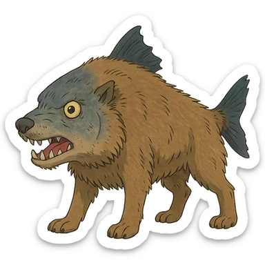 piranha with fur and wolf-like snout, standing on four legs sticker