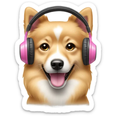a face of a spitz dog with a pink headphones sticker