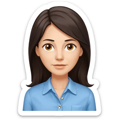 vit 50-årig kvinna med jättelångt mörkbrunt hår med vita slingor bruna ögon ljusblå skjorta med översta knappen uppknäppt sticker