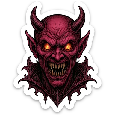 scary pink devil with fiery eyes, sharp teeth, pink skin, gothic details sticker