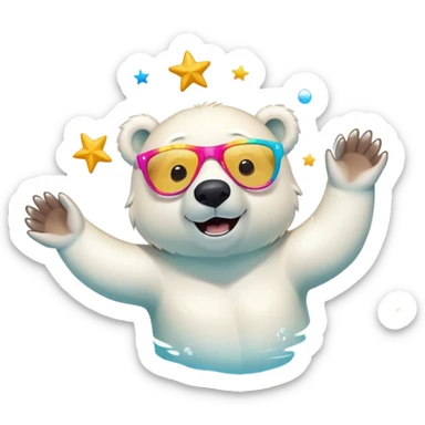 friendly anthropomorphised polar bear swimming in a crawl pose, wearing oversized colorful star glasses, excited expression, no festive outfit sticker