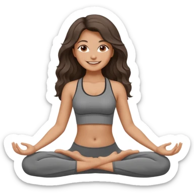 a brunette girl doing yoga, she is wearing a grey fit and she has dark long, wavy and loose hair.  sticker