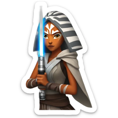 Ahsoka mounting a lightsaber sticker