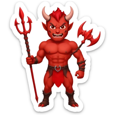 Emoji-style devil: red skin, horns, muscular body, red trident, angry face, sticker