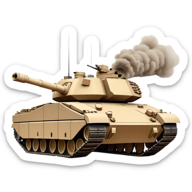M1 Abrams (2022) – Cinematic-realistic M1 Abrams tank, its imposing desert-tan frame rolling across a war-torn battlefield. The massive 120mm smoothbore cannon swings into position, its engine roaring as it crushes debris under its heavy treads, dust and smoke swirling in the fiery glow of distant explosions. sticker
