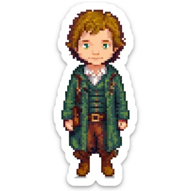 Whole body image of bilbo baggins from the hobbit movie in pixel art style. Bilbo is younger. Make Bilbo look like the actor that portrayed him in the movie, Martin Freeman. Bilbo is wearing the same outfit he was wearing when he left the shire with Thorin Oakenshield. sticker