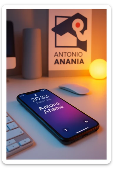 A photo of an iPhone on the desk with the message "Antonio Anania" on its screen, The phone sits atop a desk with a blurred background that suggests work environment. A faint glow from above casts gentle shadows across the surface of each object, creating depth and highlighting their textures sticker