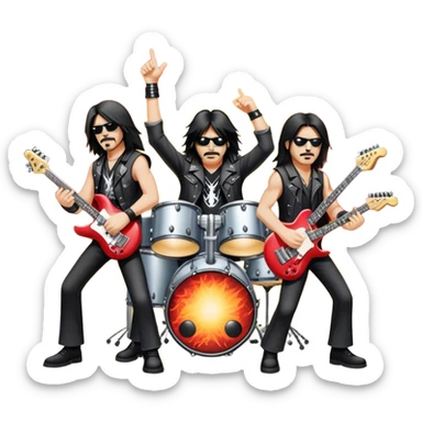 Icon for Heavy Metal Music: 4 men band on stage with electric guitars, drums and intense lighting. 3 guitarists and 1 drummer, surrounded by energy and stage effects, capturing the power and intensity of a metal concert. Transparent background. sticker