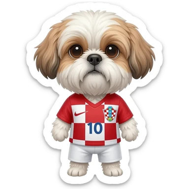 white and light brown shih zhu wearing a Croatia soccer jersey v neck 2026 work cup sticker