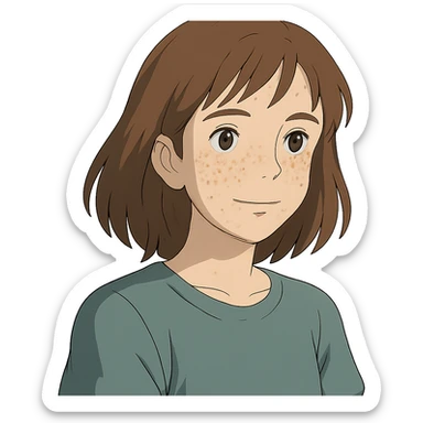 portrait of white woman with freckles, brown shoulder-length hair, Ghibli style sticker