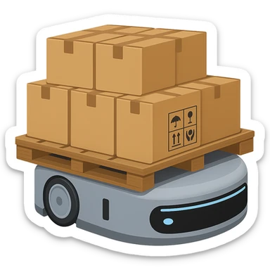 Change the Automated Guided Vehicle (AGV) color from orange to blue or gray. The palette should be fully loaded with many cartons, significantly fuller than the original image. The style should resemble Apple emoji style with a transparent background. sticker