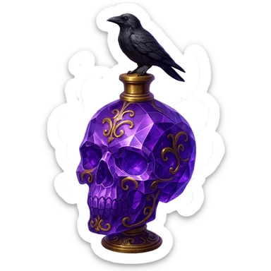 crystal, luxurious skull-shaped elixir bottle, violet, lots of glowing, facets, ornaments, golden details, magical effects, very small golden neck, transparent background, beautiful connected base, clearly floating in the air, no base or shadow, small crow on top, premium class, matching the collection sticker
