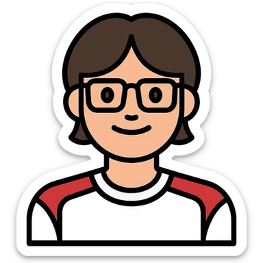 Dark-haired guy with hair to his earlobes, square black glasses, brown eyes sticker