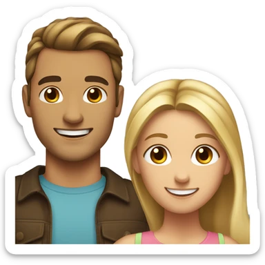 Woman and man smiling, woman has straight Brown hair in a ponytail, slightly sunkissed skin, man has blonde long hair which are in a ponytail, slightly sunkissed skin sticker
