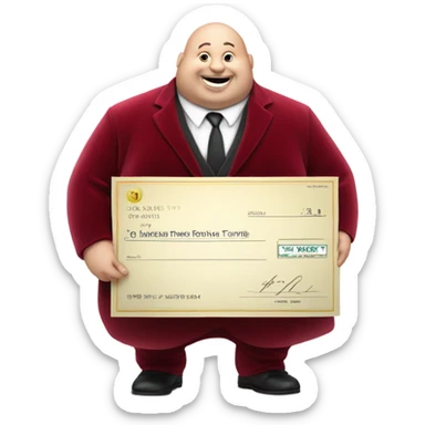 fat guy in dark red velvet suit holding cheque sticker