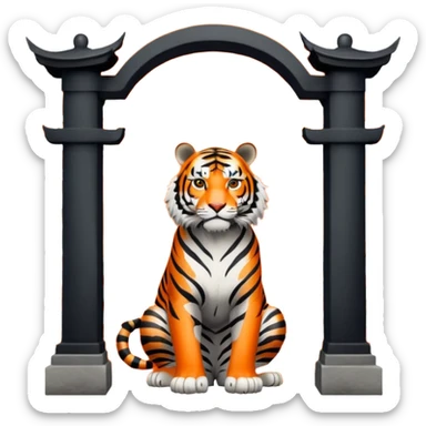 Traditional Chinese ink painting style emoji. A powerful tiger (like the ancient character 虎), standing guard in front of mystical gates (門). Energy swirls around him like a vortex (🌀). Minimalist, transparent background, 512x512 pixels. sticker