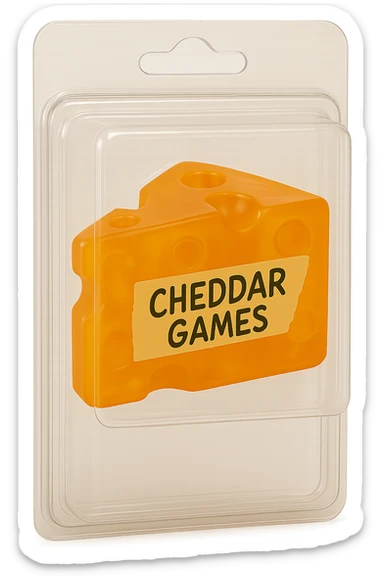 Create a realistic plastic packaging for a retail toy or collectible product containing a clear orange cheddar cheese block labeled 'Cheddar Games'. The packaging should look like a retail toy or collectible box with transparent plastic, no background, and showcase the cheese block clearly inside the packaging. sticker