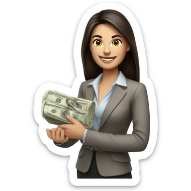 brunette business woman with money in her hand, smiling sticker
