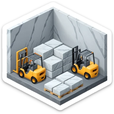 warehouse and slabs of amrble stone  isometric view from th outsideeslabs, forklifts, no vehicles no robots sticker