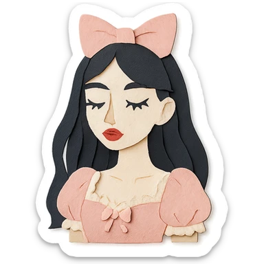 paper craft style illustration of a pale girl with long dark hair, pointy tip nose, full lips, long lashes, v-shaped jaw, in a light pink coquette outfit with lace details sticker