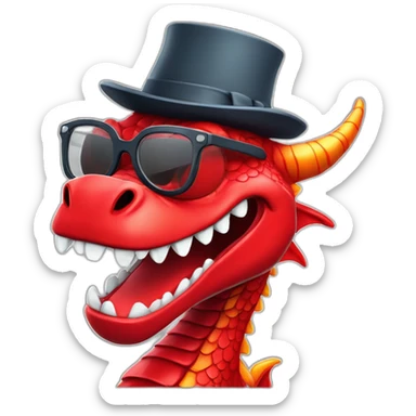 Crazy funny red dragon head with human white teeth and beautiful smile wearing glasses and hat sticker