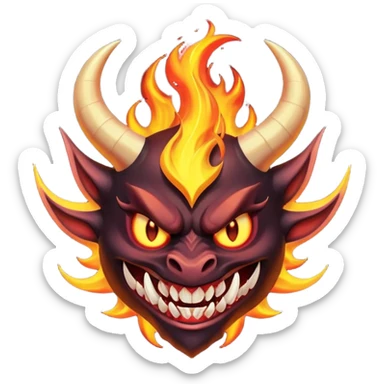 Create a dark-themed emoji of a demonic face with sharp, curved horns, glowing white eyes, an evil grin with large pointed fangs, and abstract flame-like patterns around the face.  sticker