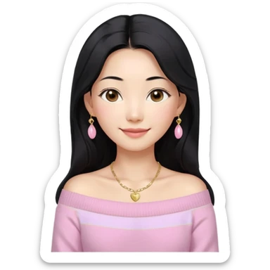 South Korean girl in her mid-thirties with long black hair and a middle part. She is wearing a baby pink, off the shoulder long sleeve knit sweater. She has small gold earrings and a gold necklace. She has brown eyes with narrow, mono lid shape and smiling with lips together sticker