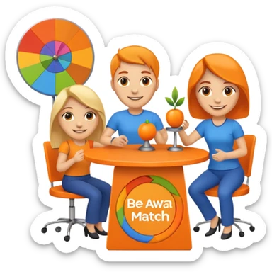 emoji of a recruitment booth. Two cartoon figures stand behind an orange table with 'MARROW, be a match' branding, a colorful spinning wheel, and a branded vertical banner. Simplified and cute. There should not be fruit in the picture.  sticker