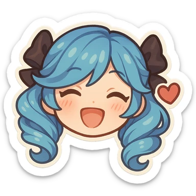 chibi style head of Gwen from League of Legends, happy expression with a heart sticker