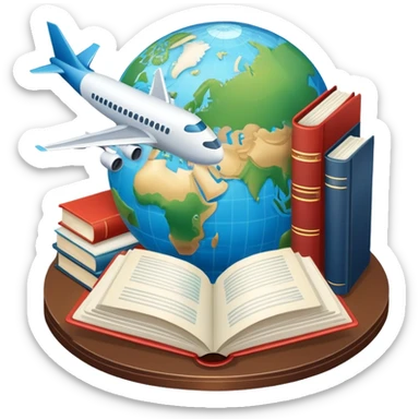 An icon featuring hotel building, globe, books, documents, an airplane, symbolizing the study of tourism and hospitality. The design highlights the global travel industry, with elements of research, planning, and international travel. Transparent background sticker