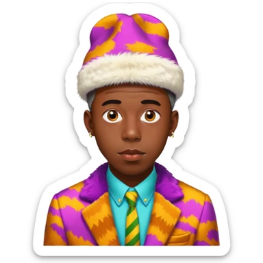 Tyler the Creator in his CHROMAKOPIA colorful suit with fur hat sticker