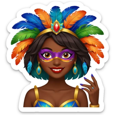 i need the same girl in "dark skin girl, dark red lipstick, nails very beautiful" to be smiling in "carnival mas costume, blue, green and orange preferably, full costume feathers at the back" she is to be smiling, hair should be dark and in a bob  sticker