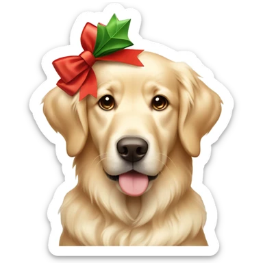 Cream colored golden retriever with a big Christmas bow on its head sticker