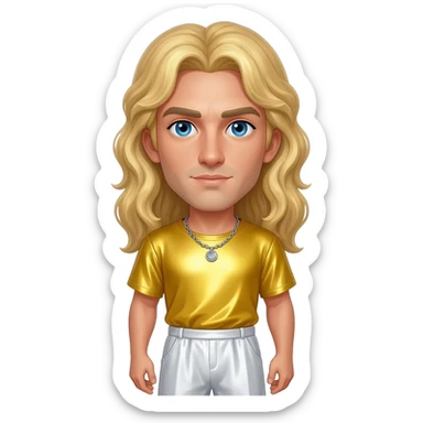 Apollo from Greek Mythology with blue eyes, long blonde hair, yellow metallic shirt, white metallic baggy pants, silver necklace sticker