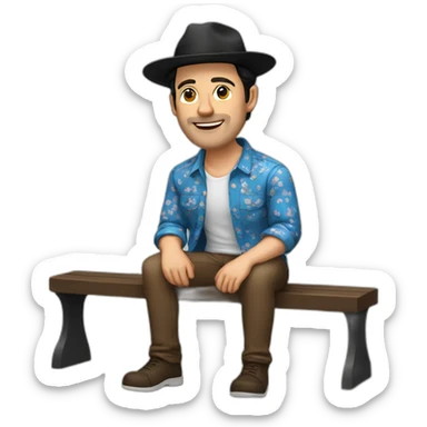 White Man with black hair, strip blue flowered shirt, brown hat, setting on a bench sticker