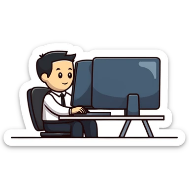 hombre con vestimenta semi-formal, de perfil, frente a una computadora en una mesa sencilla sticker