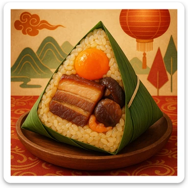 A zongzi with a cross-section showing sticky rice, salted egg yolk, braised pork belly, mushroom, and dried shrimp, wrapped in green bamboo leaves, for Dragon Boat Festival. sticker