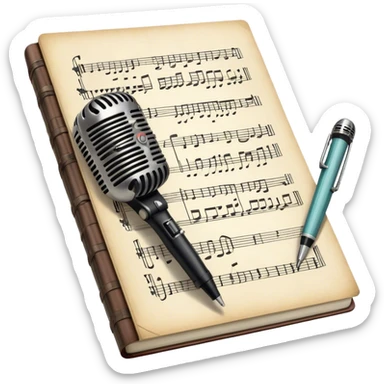 Create an emoji representing songwriting. The design should feature an open notebook or sheet music with visible lyrics between the musical notes, symbolizing the process of writing song lyrics. The text between the notes should be clearly visible. A pen or pencil should be placed near the notebook, indicating active writing. Optionally, include a single vintage microphone lying beside the notebook (not on the music notes) to add a creative touch. Use a harmonious color palette with warm and neutral tones. Do not include any emojis or smiley faces. Make the background transparent. sticker