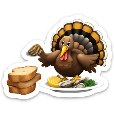Turkey holding slice of dark, black toasted bread with pan of oysters, fire sticker