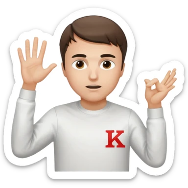 Charlie Kirk with a Charlie Chaplin mustache with a white freedom shirt while throwing up the letters c and k sticker