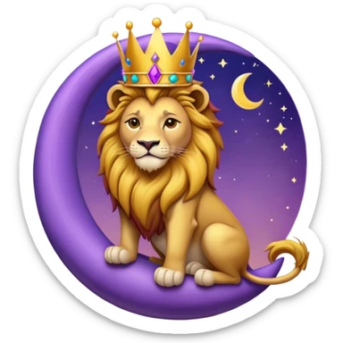 Lion with a crown sitting on a purple crescent moon  sticker