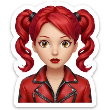 A woman with strikingly long, wavy, vibrant red hair, which is styled with two small buns on top of her head. She is wearing a shiny red leather jacket over a red top with a black patterned trim. She's gagged sticker