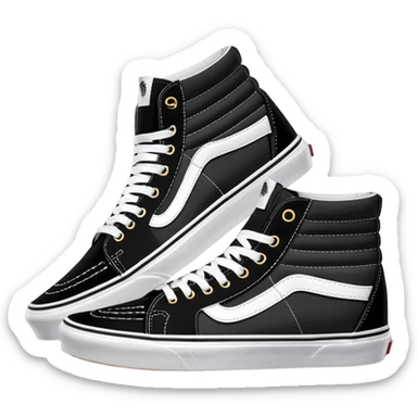 Black Vans Sk8-Hi shoes arranged as a neat pair with the back shoe slightly offset behind the front one, detailed high tops with signature white stripe and waffle soles sticker