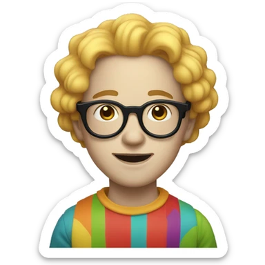 A white boy with black long hair, thin round glasses. He's wearing a clown costume with a lot of colors sticker