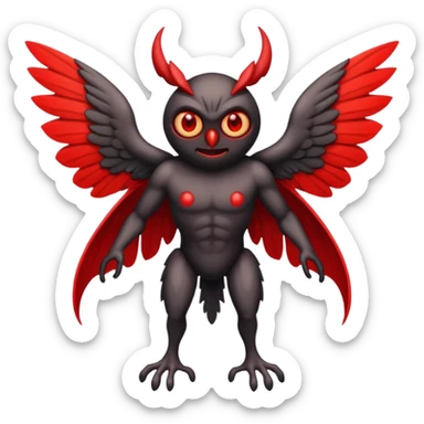 Create a scary emoji of the mothman with bright red eyes and as depicted in the legend. Make it less bird like sticker