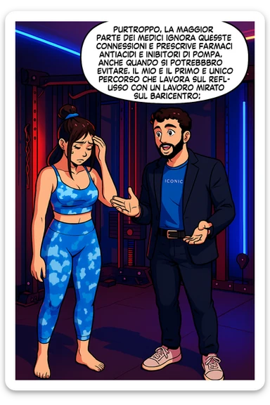 TRASFORMA QUESTO CAROSELLO IN UN FUMETTO STILE WEBTOON/MANGA A COLORI CON QUESTE DUE PERSONE IDENTICHE CHE INTERLOQUISCONO TRA LORO, L'uomo sta spiegando alla donna questo concetto MENTRE LA DONNA SI TIENE la mano sulla fronte sconcertata:

LUI (UOMO): Purtroppo, la maggior parte dei medici ignora queste connessioni e prescrive farmaci antiacidi e inibitori di pompa, anche quando si potrebbero evitare.
Il mio è il primo e unico percorso che lavora sul reflusso con un lavoro mirato sul baricentro; sticker