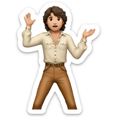 solarpunk realistic ultra HD - a thoughtful, messy, shaggy Jim Morrison in an ivory Victorian shirt, in an ecstatic dramatic pose, singing on stage sticker