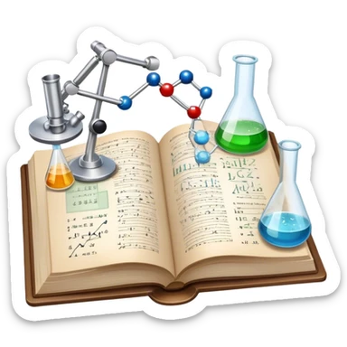 Icon for Scientific and Educational Reading: an open book with mathematical and physical formulas on the pages, with molecules and atoms flying out. On the desk are test tubes, flasks, and a microscope. Transparent background. sticker
