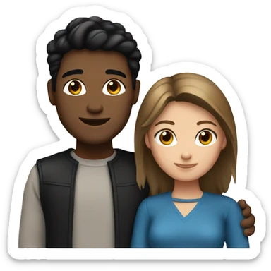 Couple embrace. man with light brown skin and black hair. short white woman with brown hair and blue eyes  sticker